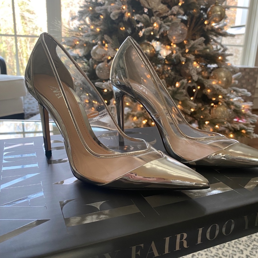 Zara Silver and Clear Pointy Toe Pumps